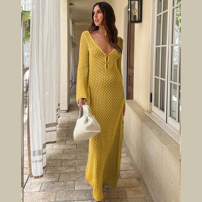 Crochet Deep V-Neck Bell Sleeve Fitted Maxi Dress