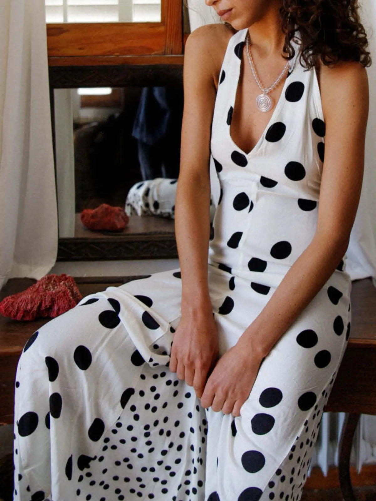 Polka Dot Deep V-Neck Halter Neck Backless Maxi Dress 3