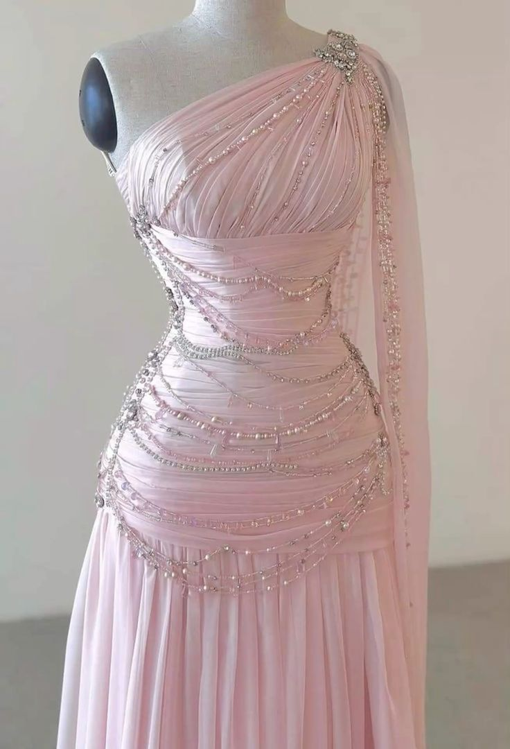 Vintage One Shoulder Pink Beaded A Line Chiffon Evening Dress Elegant Prom Dress cc1659