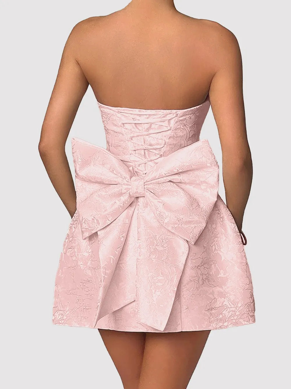 Floral Jacquard Strapless Oversized Back Bow Bubble Mini Dress 2