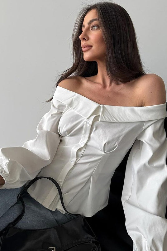 Off Shoulder Ruffled Satin Blouse