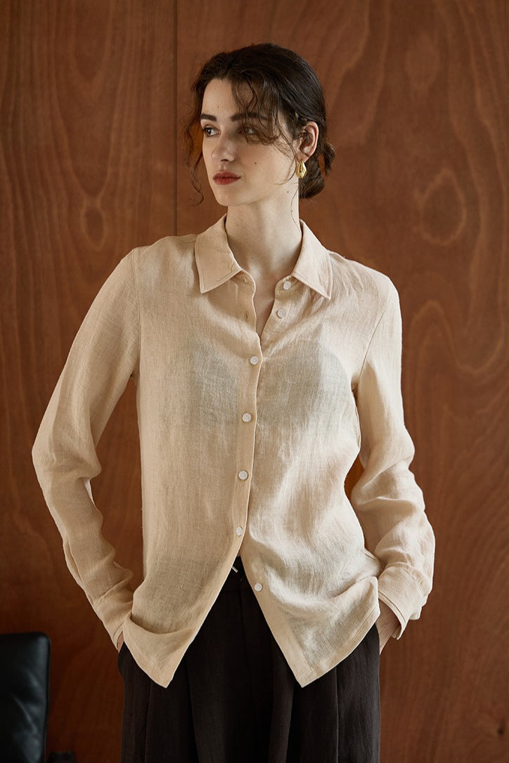 Semi Sheer Linen Look Collared Long Sleeve Slim Button Front Shirt 8