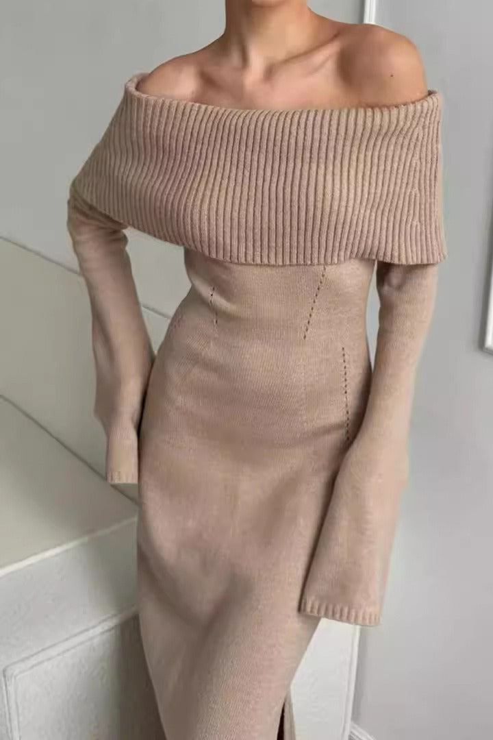 Collared OffShoulder Knit Sweater Dress