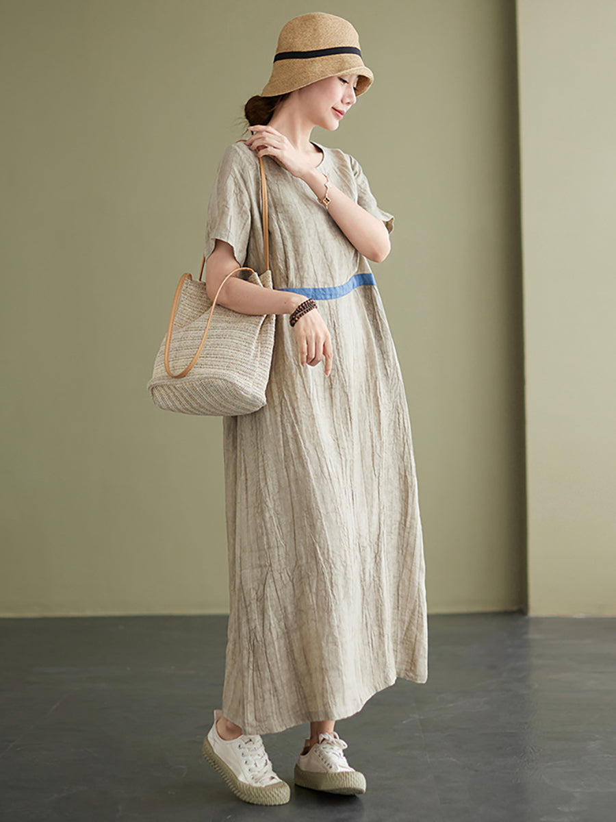 Textured Round Neck Short Sleeve Loose A-Line Maxi Dress