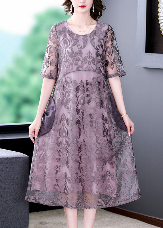 Burnout Damask Floral Mesh Overlay Round Neck Short Sleeve Layered Midi Dress