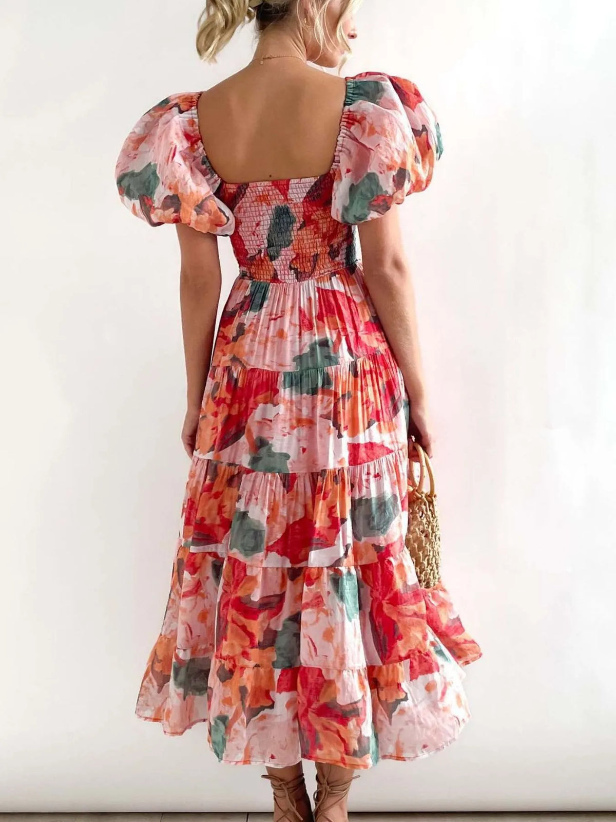 Floral Off Shoulder Smocked Puff Sleeve Tiered Maxi Dress 8