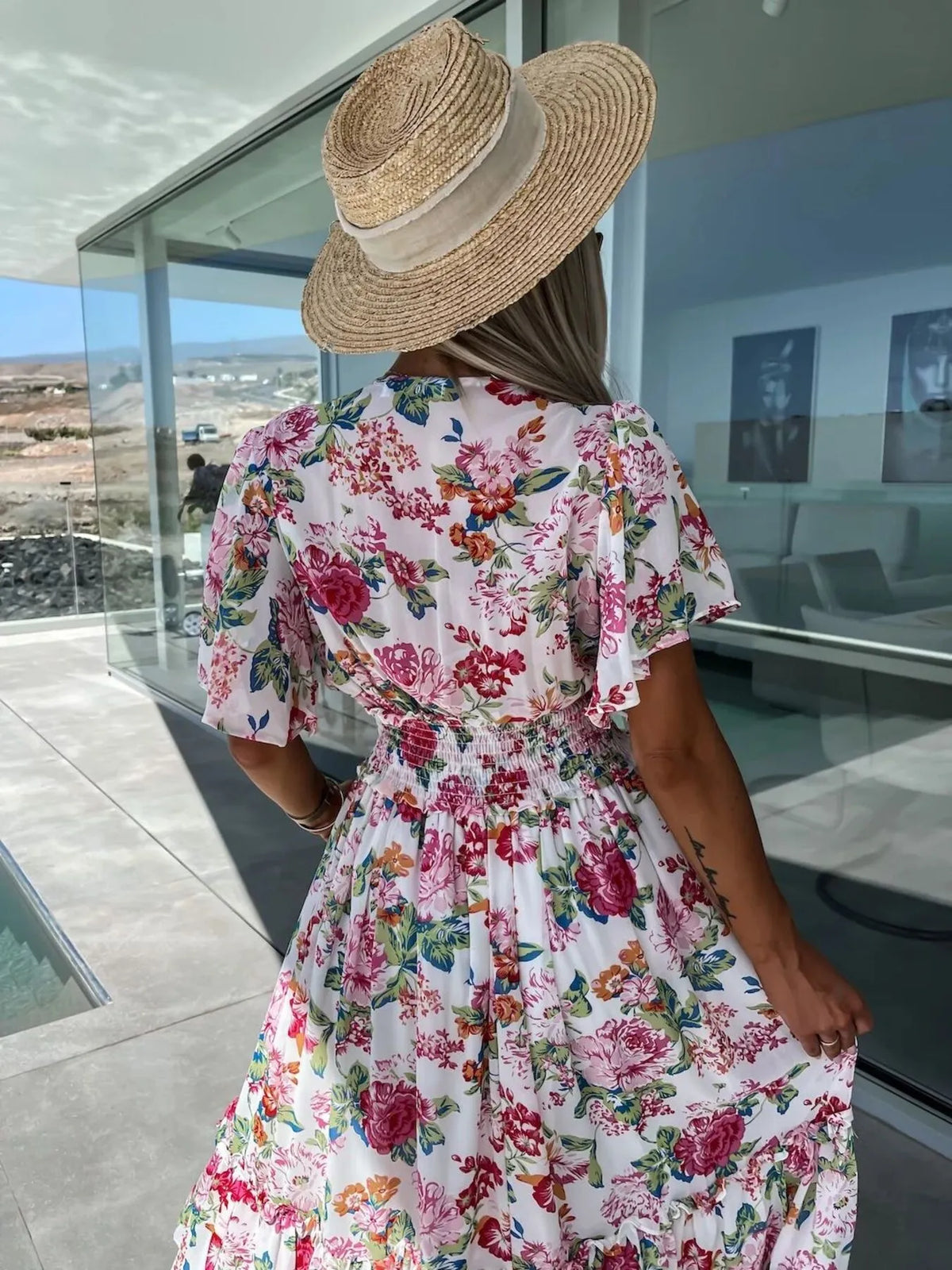 Floral Print Flutter Sleeve Maxi Dress