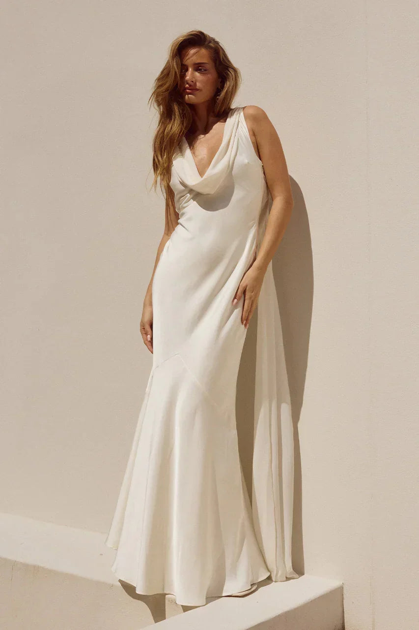 Satin Cowl Neck Sleeveless Draped Back Cape Maxi Dress 2