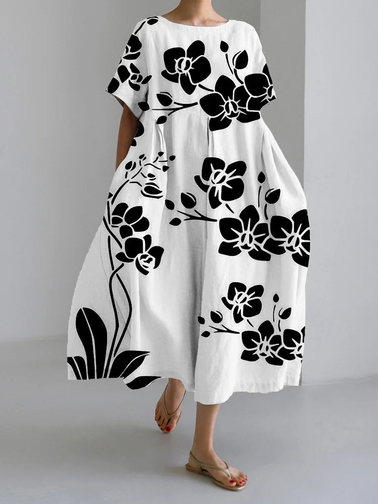 Orchid Floral Print Round Neck Short Sleeve Oversized Midi Dress