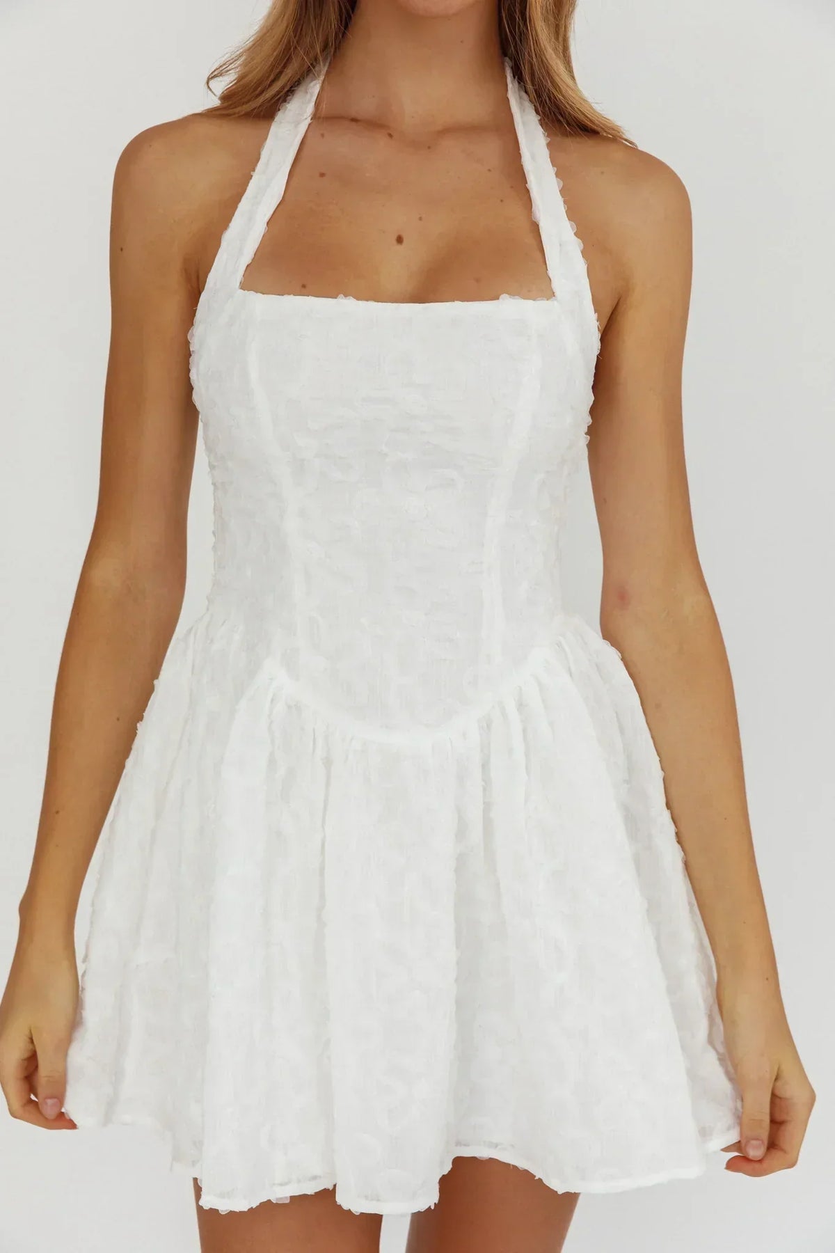 Floral Applique Square Neck Halter Fit and Flare Mini Dress 6