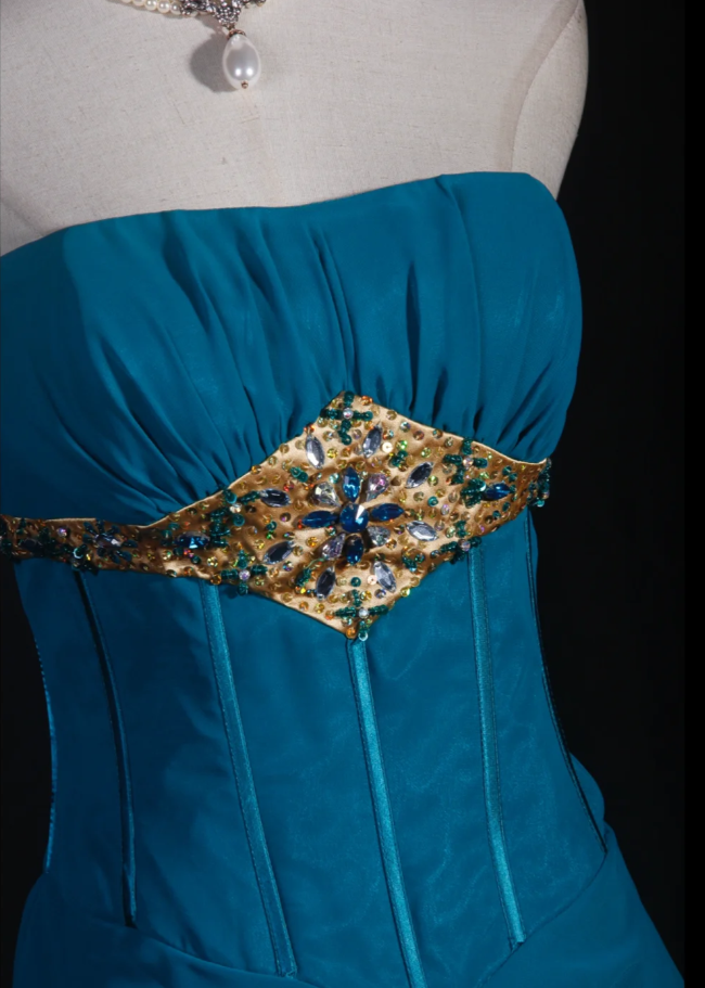 Elegant Blue-green Strapless Chiffon Layered Mermaid Long Evening Dress Formal Wedding Guest Dress With Beads