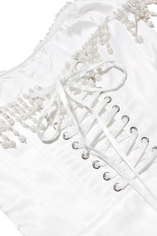 Pearl Beaded Fringe Strapless Corset Bodice Bodycon Midi Dress