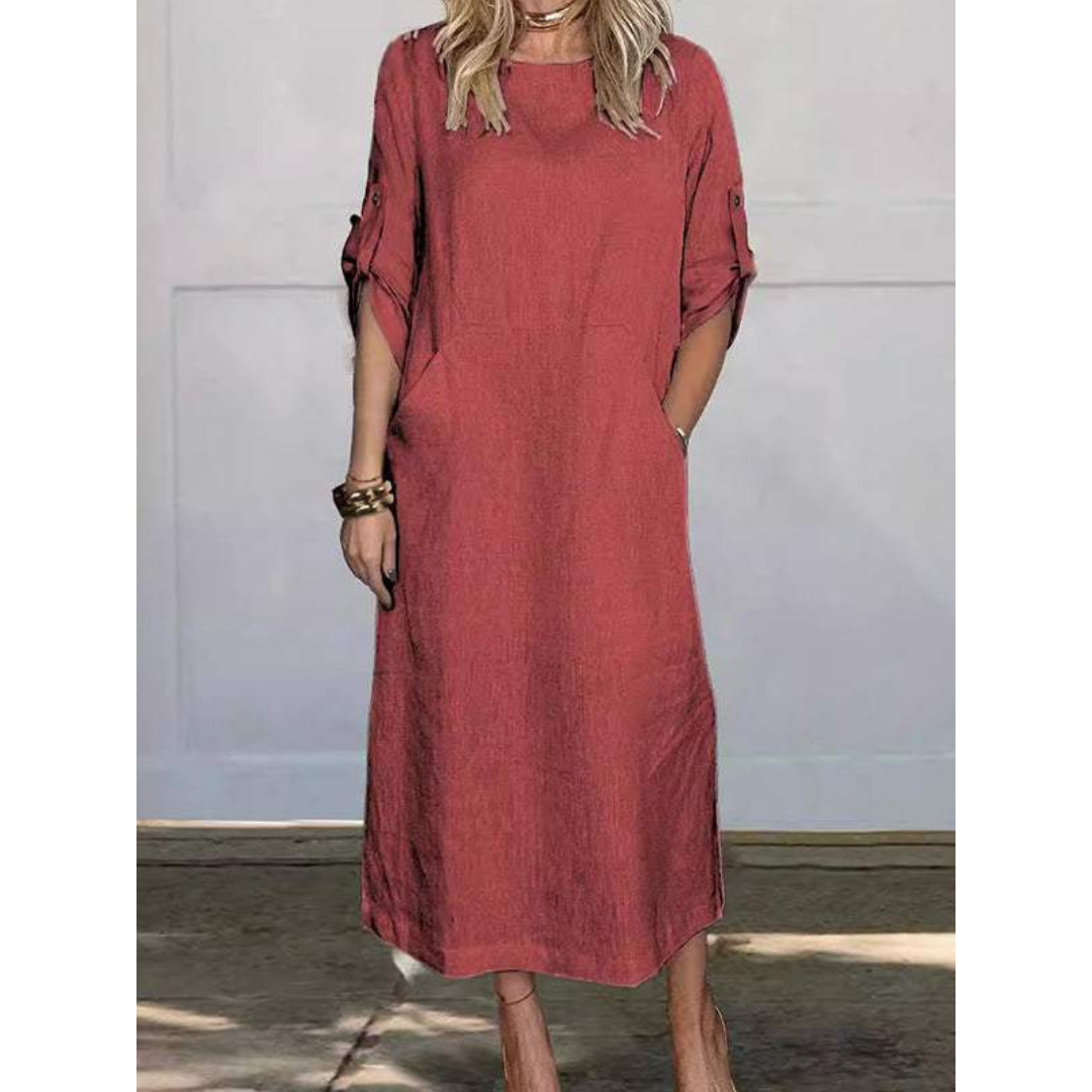 Round Neck Roll Tab Sleeve Pocket Side Slit Shift Maxi Dress