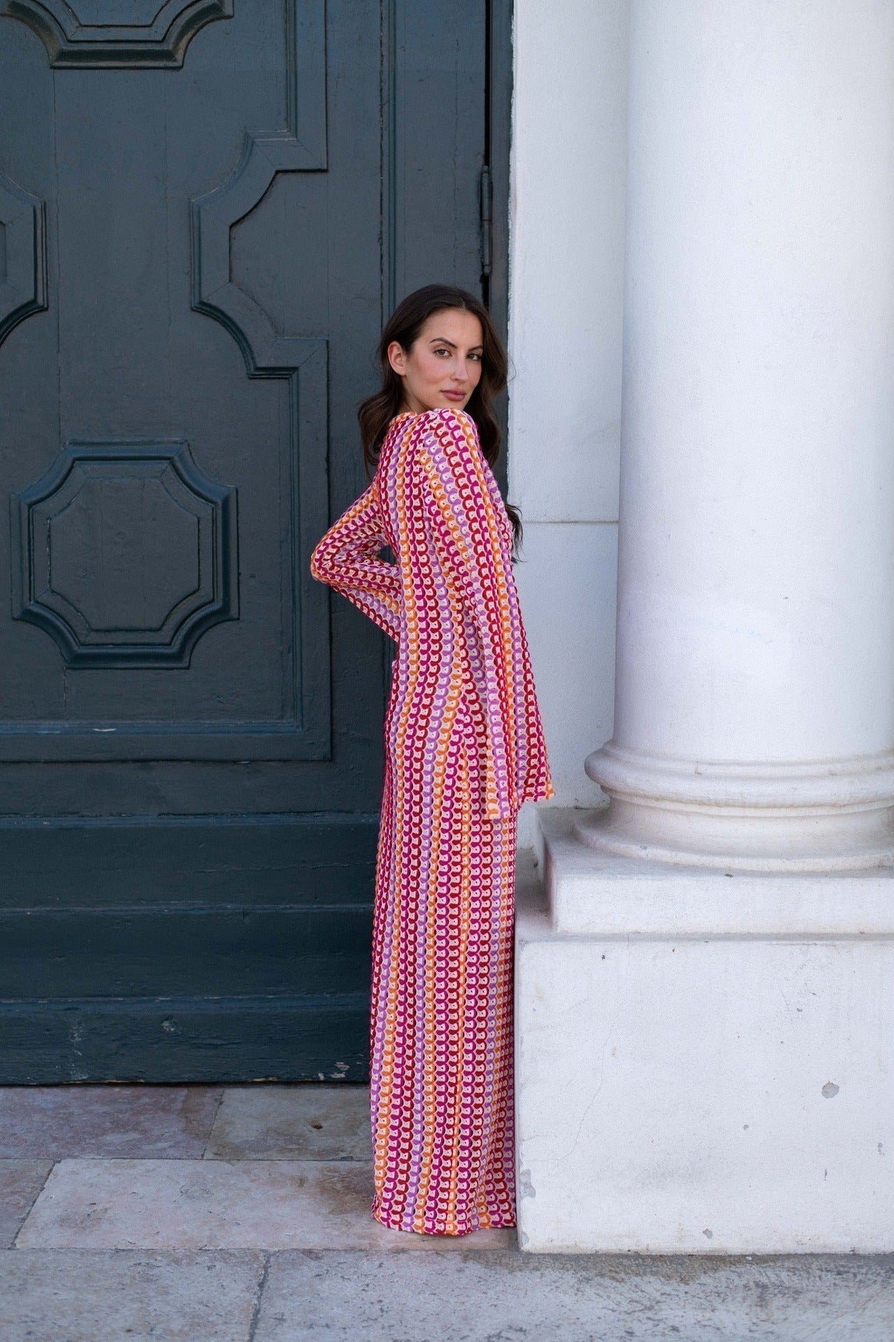 Crochet Deep V-Neck Long Sleeve Striped Boho Maxi Dress
