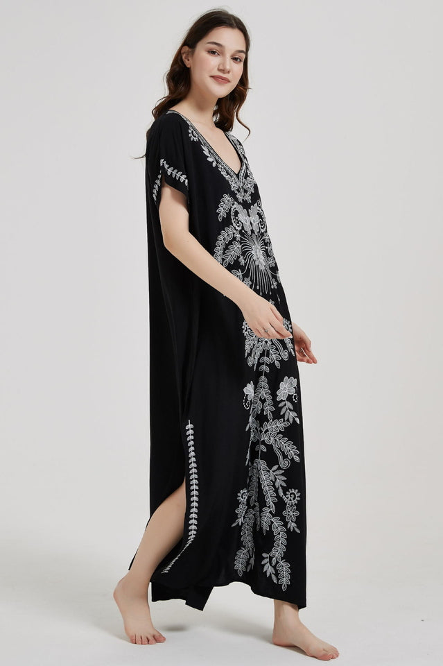 Embroidered V-Neck Short Sleeve Kaftan Maxi Dress 33