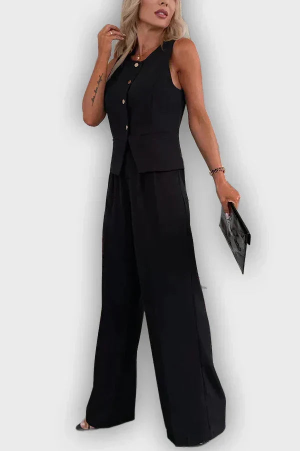 Sleeveless Button Vest and Wide Leg Pants Two Piece Set