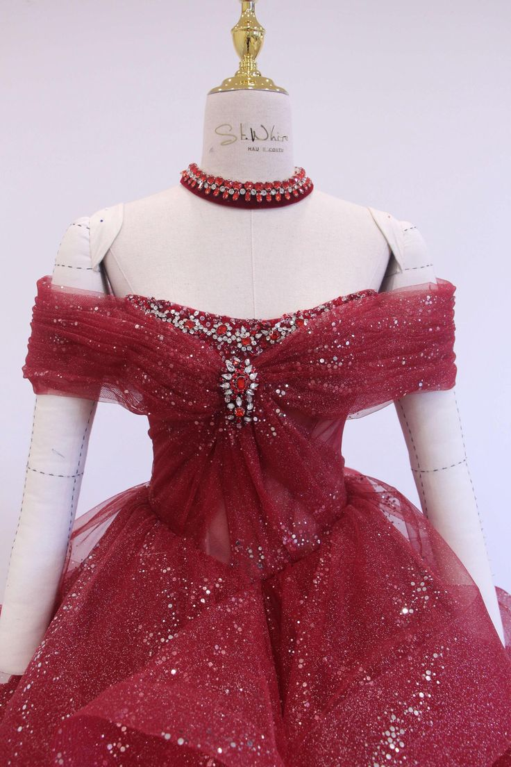 Glitter Off-Shoulder Evening Gown, Red Tulle Beaded Ball Gown Fairy Quinceanera Dress cc1702