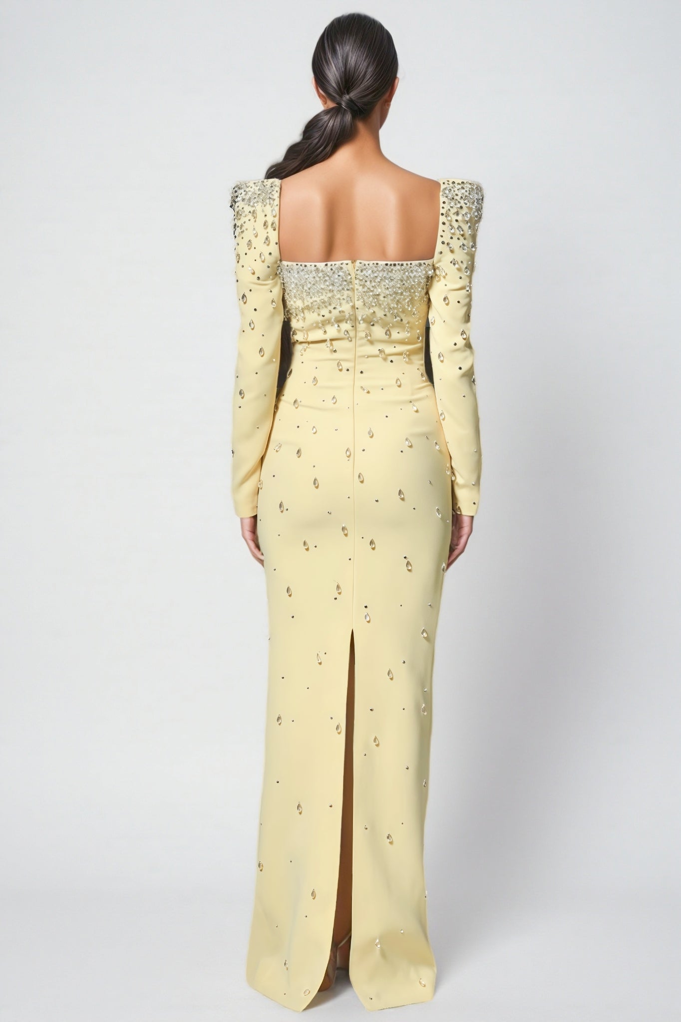 Crystal Embellished Structured Shoulder Square Neck Teardrop Jewel Long Sleeve Maxi Gown