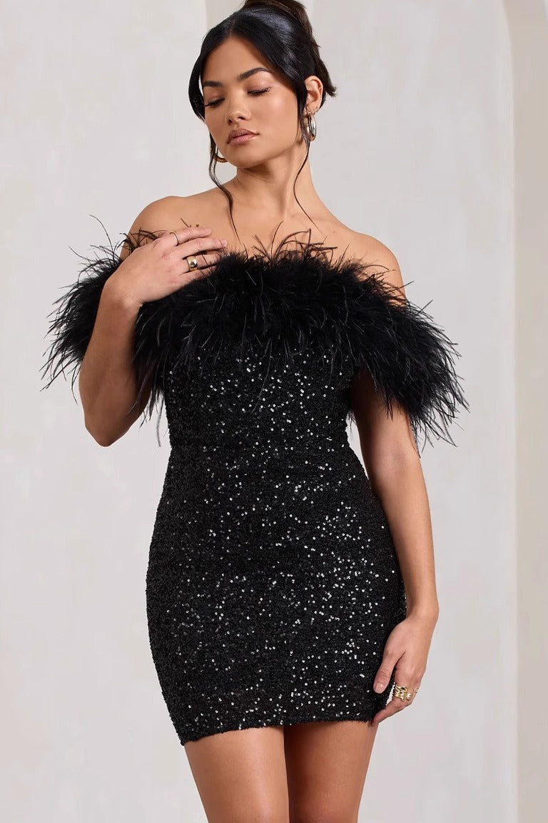 Sequin Off Shoulder Feather Trim Bodycon Mini Dress