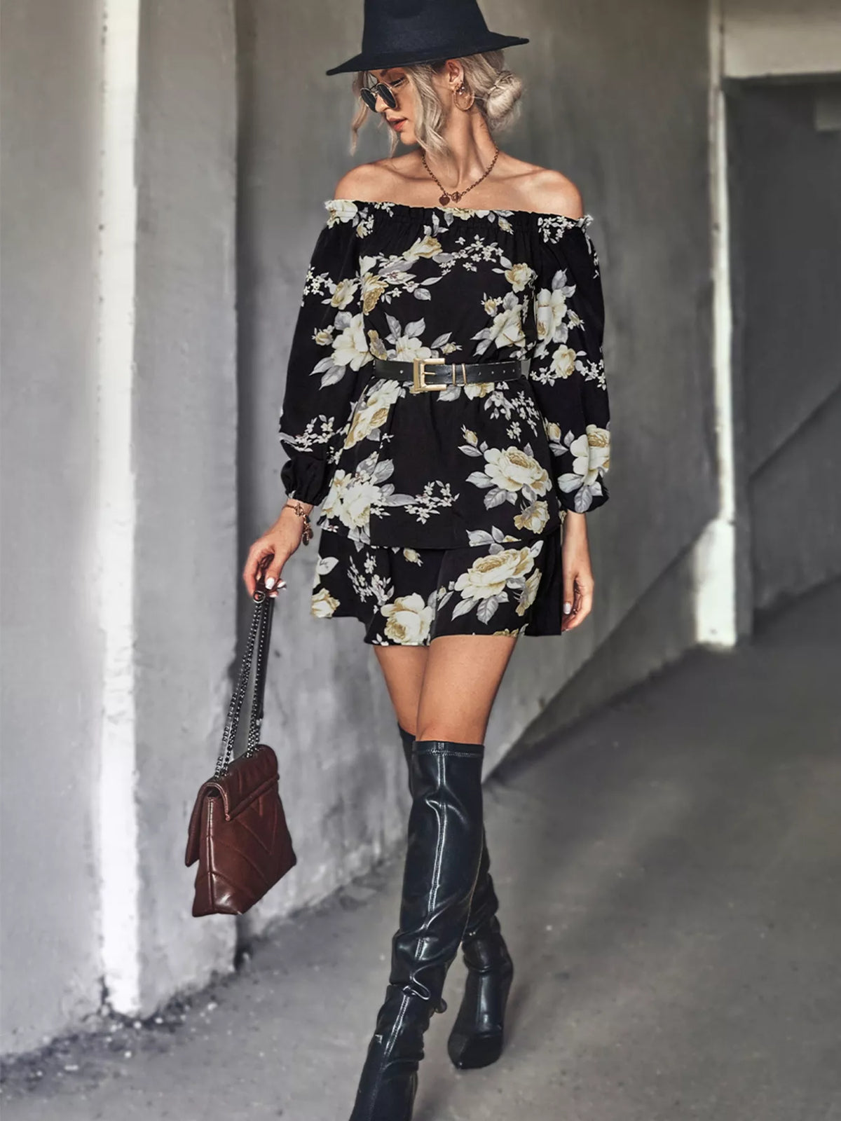 Off-Shoulder Floral Print Long Sleeve Mini Dress