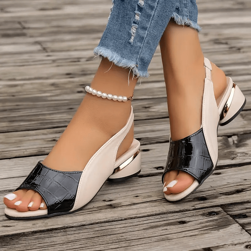 Open Toe Slingback Croc Embossed Block Heel Sandals