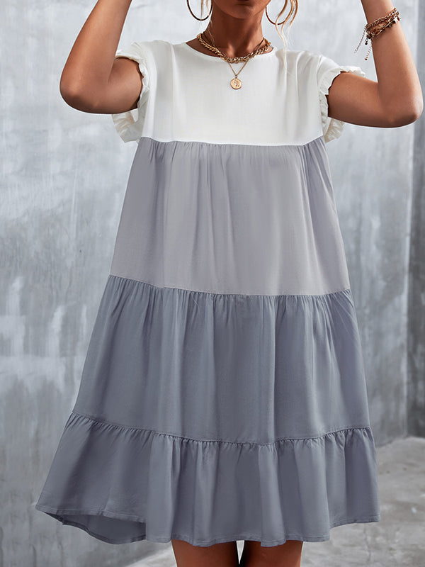 Round Neck Flutter Sleeve Tiered Babydoll Mini Dress