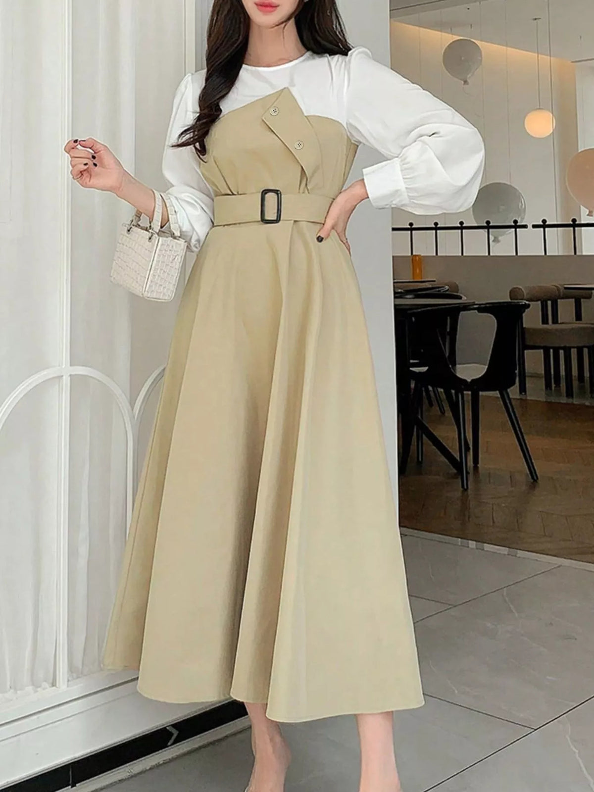 Contrast Long Sleeve Asymmetric Button Bodice Belted A-Line Midi Dress 2