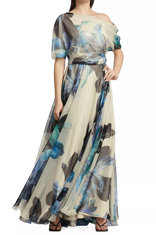 Sandy Aesthetic Unique Printed Bohemian Short Sleeve One Shoulder Maxi Dress Premium Edit