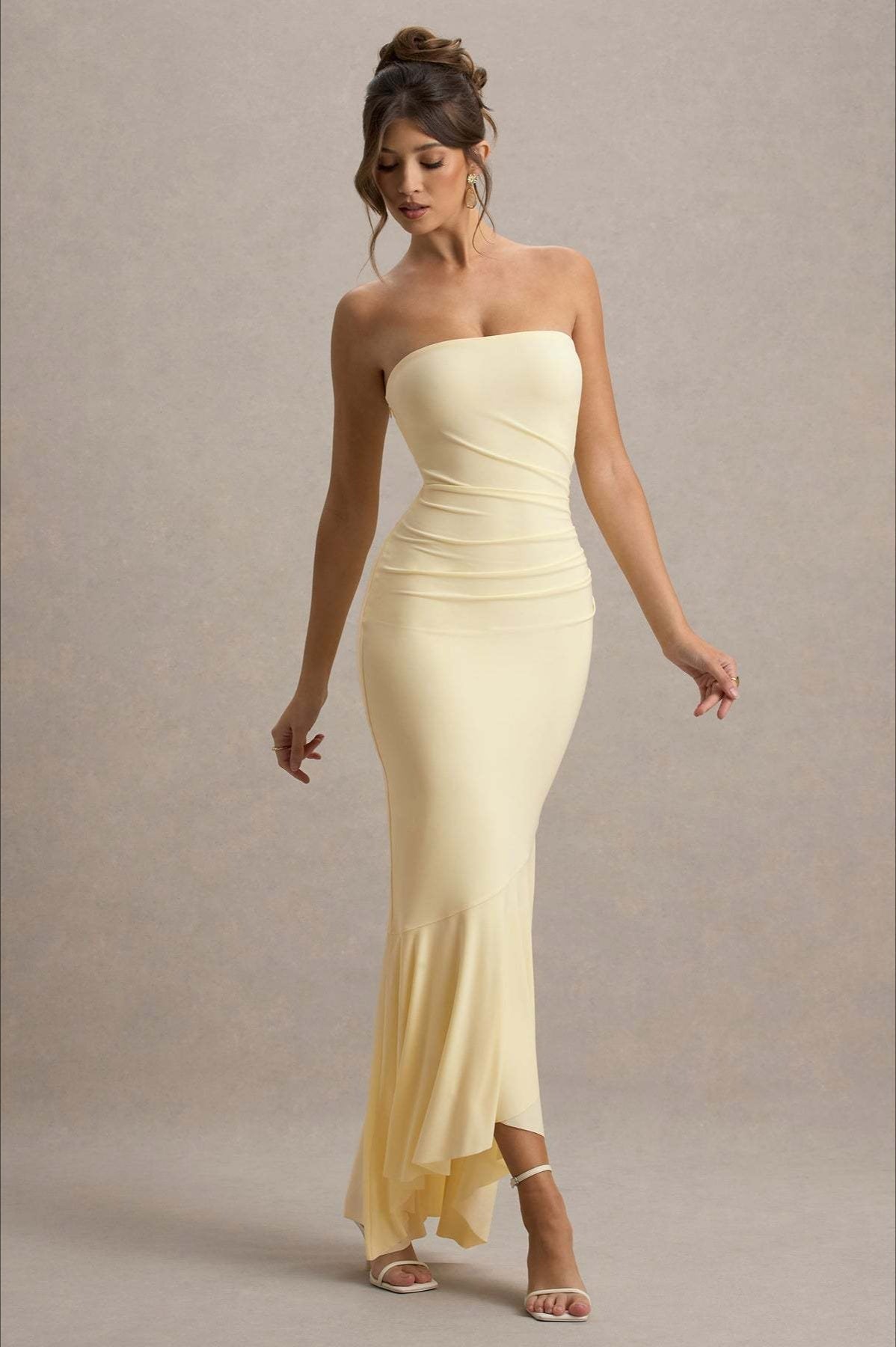 Strapless Ruched Asymmetric Ruffle Hem Bodycon Maxi Gown