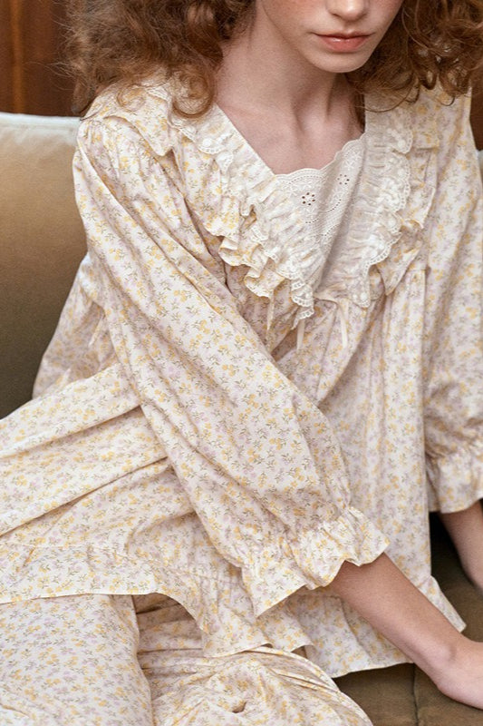 Floral Print Square Neck Lace Ruffle Trim Long Sleeve Pajama Set