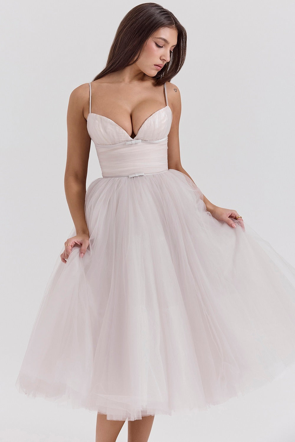 Tulle Sweetheart Spaghetti Strap Corset Fit and Flare Midi Dress