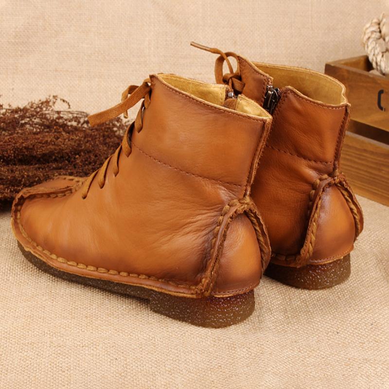 National Style Leather Short Boots For Women Lace Up Green/Black/Brown