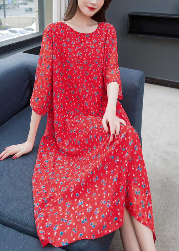 Ditsy Floral Print Chiffon Round Neck Three Quarter Sleeve A-Line Midi Dress