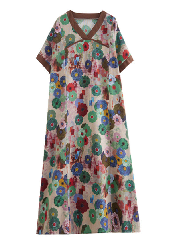 Floral Print V-Neck Contrast Trim Short Sleeve Pocket Oversized Maxi Dress