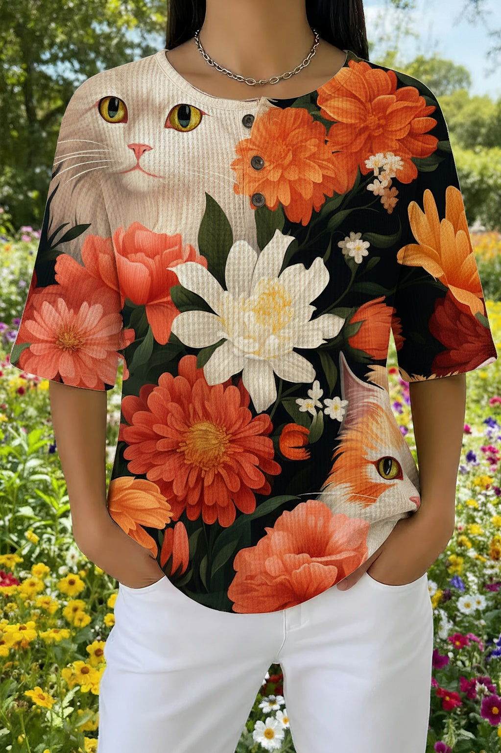 Womens Black Orange Floral Cat Print Casual Shirt