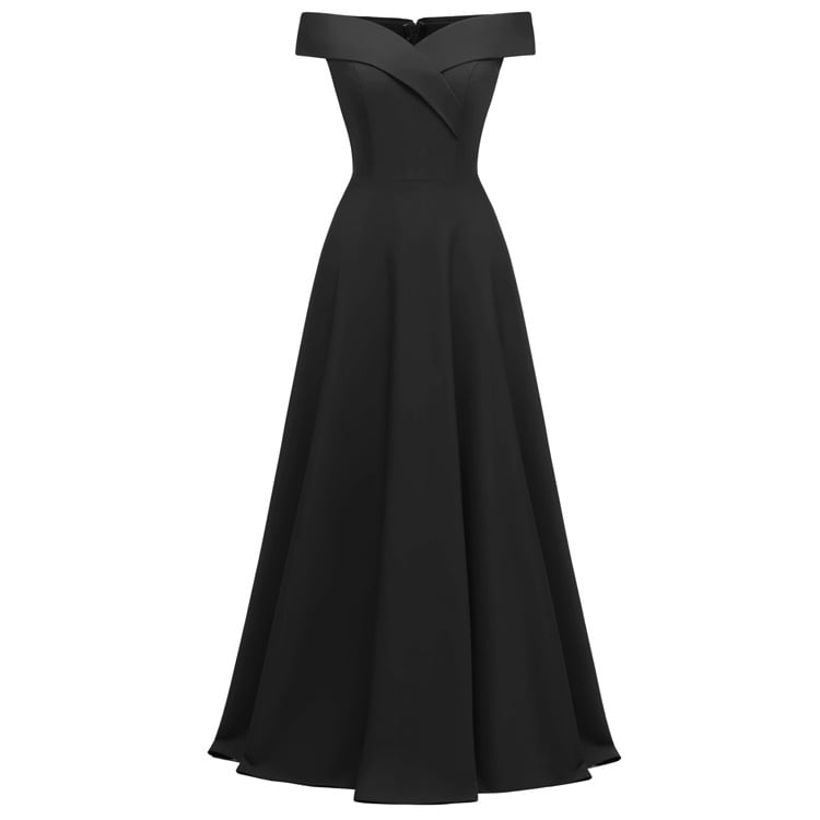 Off Shoulder Box Pleat Fitted Waist A-Line Maxi Formal Gown
