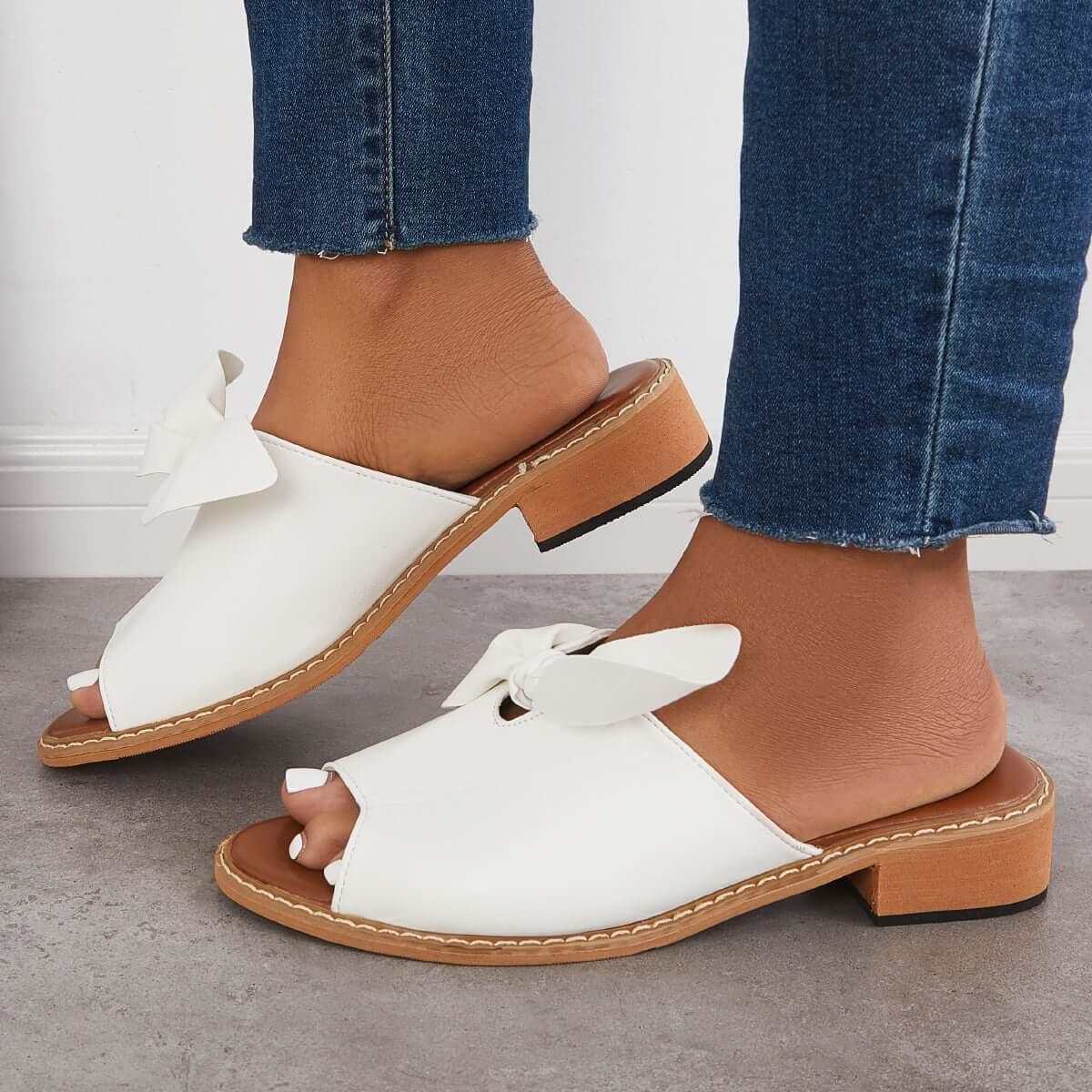 Womens Fashion Peep Toe Low Heel Bow Slippers