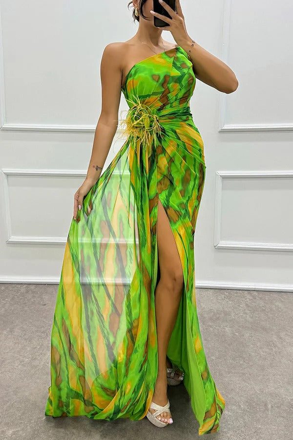 Watercolor Print One Shoulder Feather Trim High Split Maxi Dress 14
