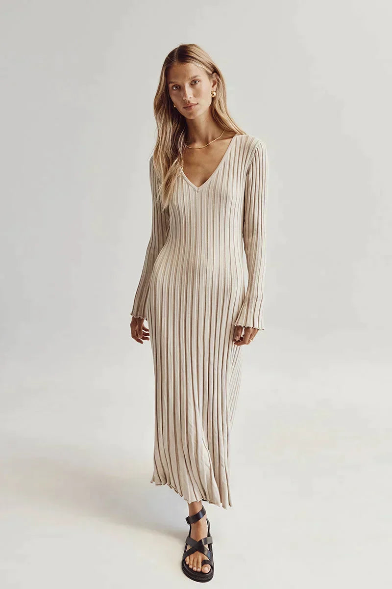 Timeless Sasha Knitted Midi Dress with V Neck and Sleeves Evening Wear Edit