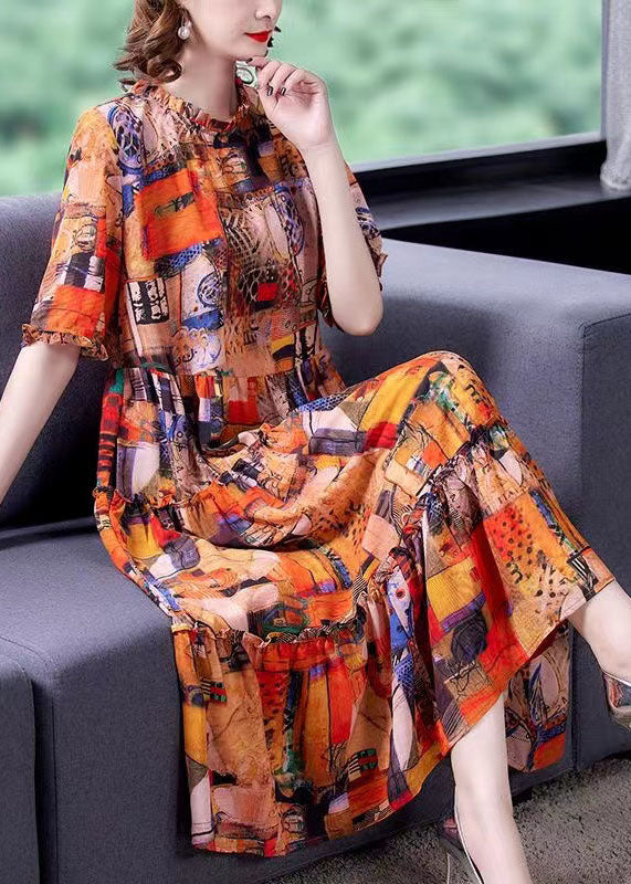 Abstract Patchwork Print Ruffle Collar Short Sleeve Tiered Smock Midi Dress