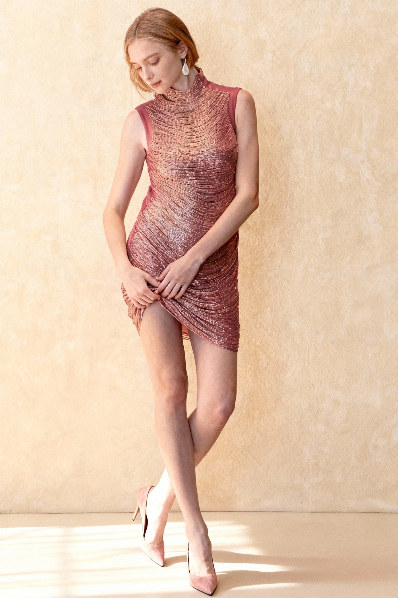 Metallic Bandage Mock Neck Sleeveless Bodycon Mini Party Dress