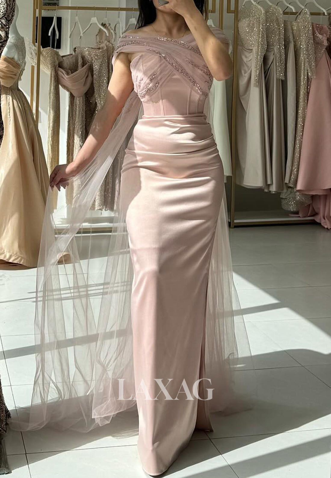 Cross V-Neck Sleeveless Applique Beaded Pleated Floor-Length Satin Prom Dress with Tulle Sweep Train