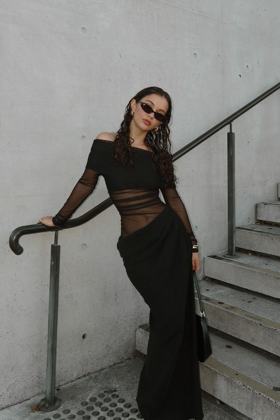 Obsidian Veil Off Shoulder Mesh Drape Dress - View 4