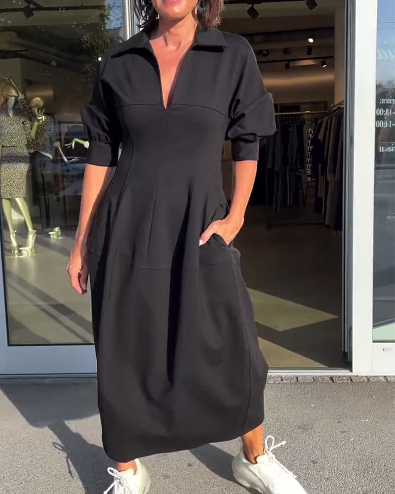 Collared V-Neck Short Sleeve Pocket Cocoon Midi Dress