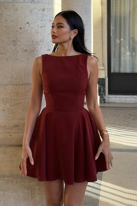 Sleeveless Boat Neck Fitted Waist Fit and Flare Mini Party Dress