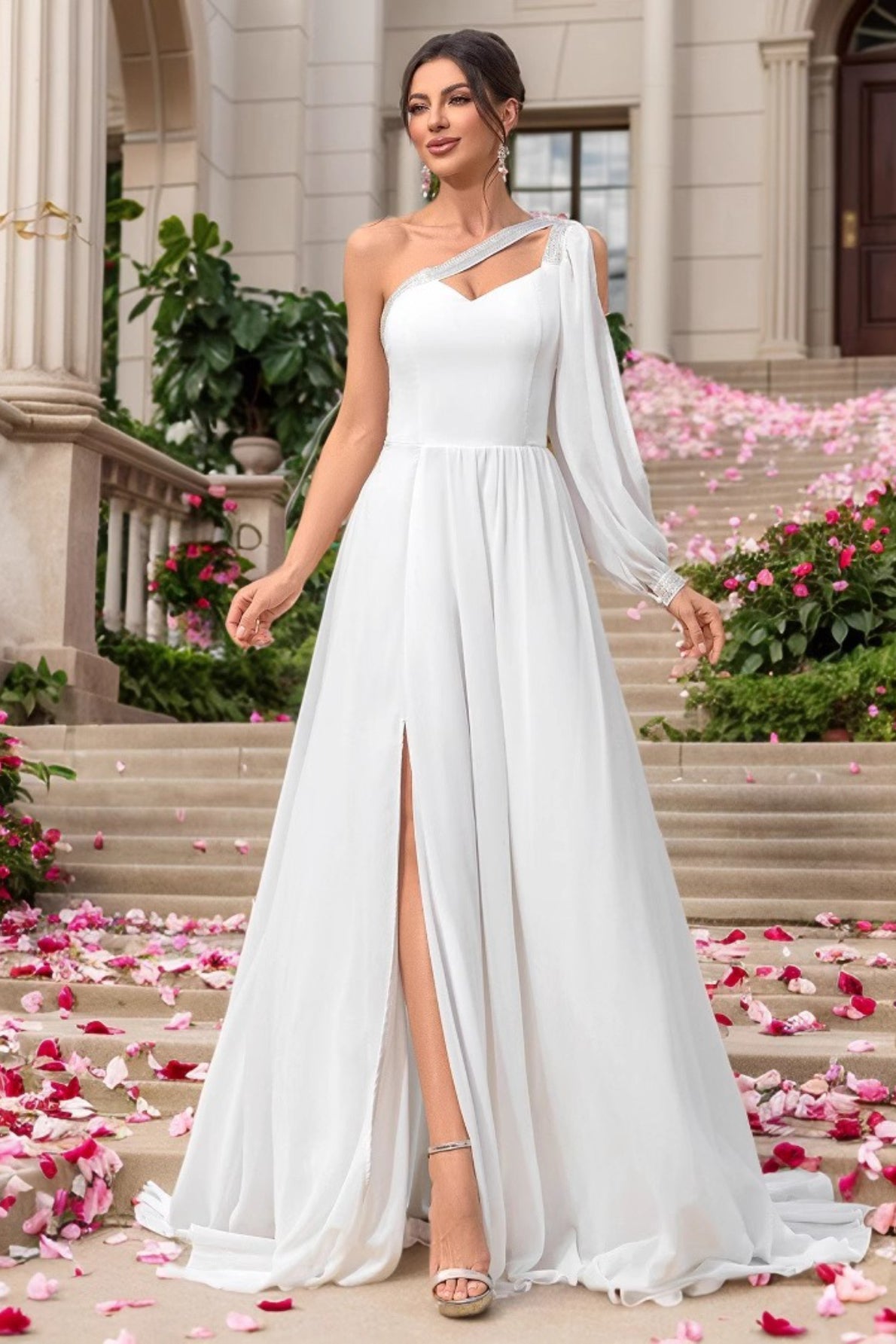 Chiffon One Shoulder Long Sleeve High Split A-Line Prom Dress