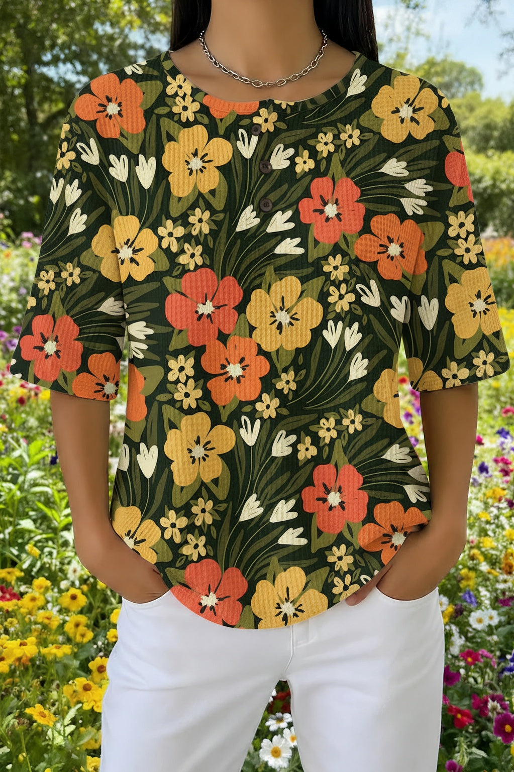 Womens Dark Green Floral Print Casual Shirt