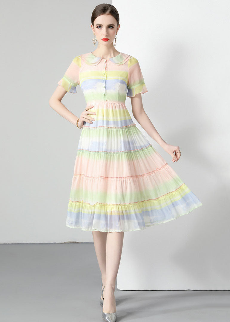 Tie Dye Stripe Peter Pan Collar Button Front Tiered Chiffon Midi Dress