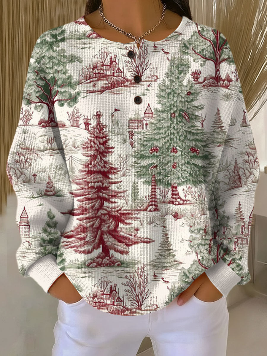 Landscape Print Waffle Knit Button Henley Sweatshirt