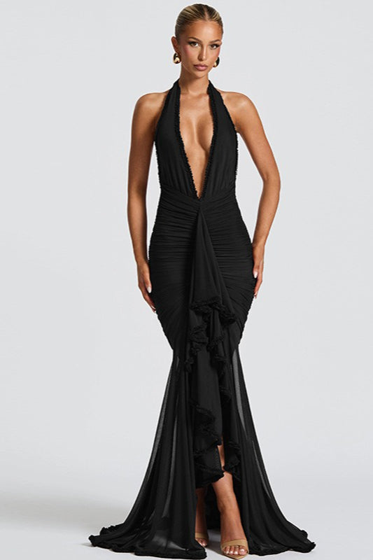 Halter Neck Deep V-Neck Ruched Ruffle Mermaid Maxi Gown